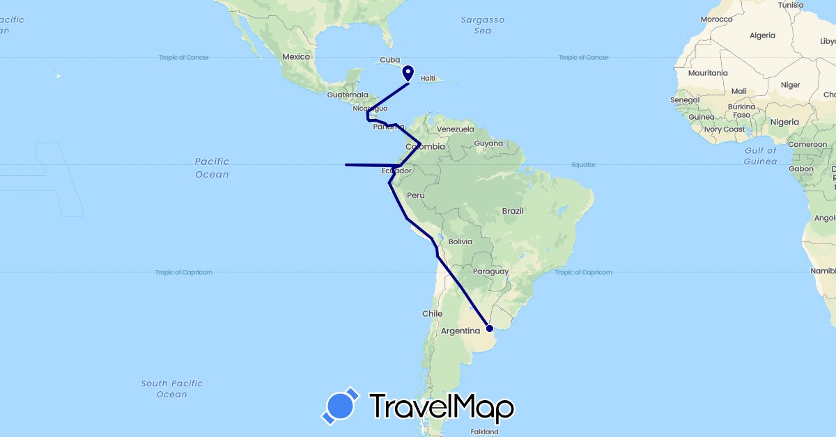 TravelMap itinerary: driving in Argentina, Chile, Colombia, Costa Rica, Ecuador, Jamaica, Nicaragua, Panama, Peru (North America, South America)